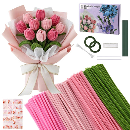 400PCS Pipe Cleaners Craft Kit, DIY Flower Making Supplies with Chenille Stems, Floral Wires, Glue Sticks, Gardening Tape, Stamen & Ribbon, Creative Handmade Mothers Day Gift, Art and Craft Supplies
