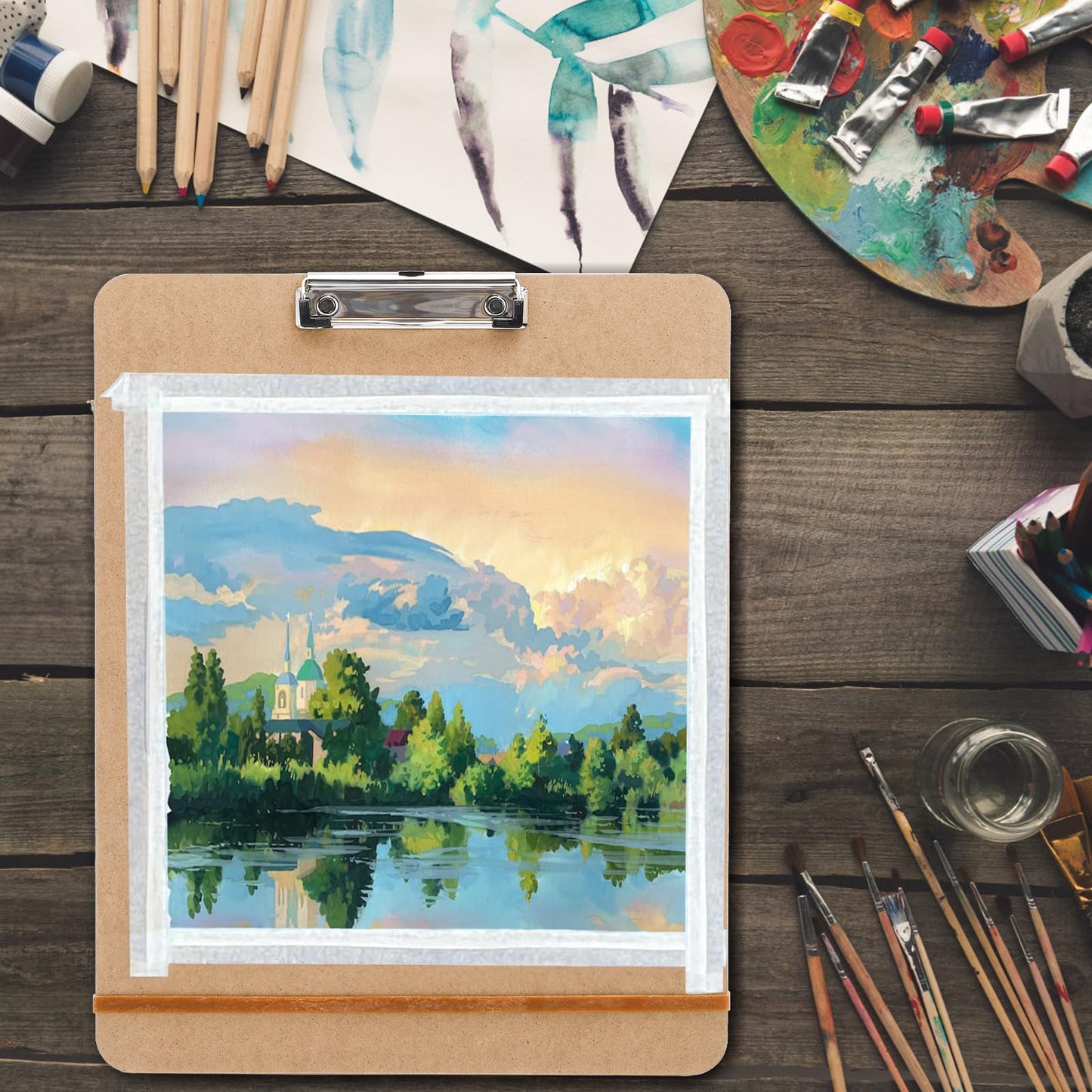 Frcctre 4 Pack 13x17 Inch Artist Sketch Boards with Handle, Portable Wooden Artist Drawing Boards Art Clipboards with Clip and Rubber Bands for Class or Studio Sketching, Drawing, Painting