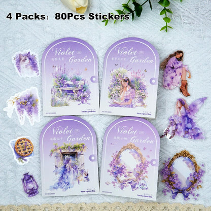 AuriicLeaf Violet Garden PET Sticker Set, 80PCS Fairy-Themed Scrapbook Supplies Journal Stickers in Purple for DIY Crafts, Planners, and Collages