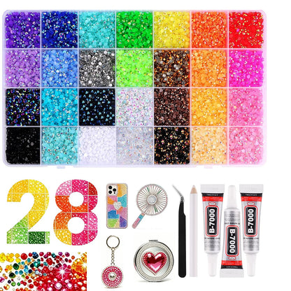 YLPARTCHER 34000PCS 28 Colors Jelly Resin Rhinestones Kit with 3Pcs B7000 Glue, 3mm Flatback Gems for Bedazzling Crafting, Multicolor Diamonds for Clothes Shoes Nail Art Diamond Painting Makeup DIY