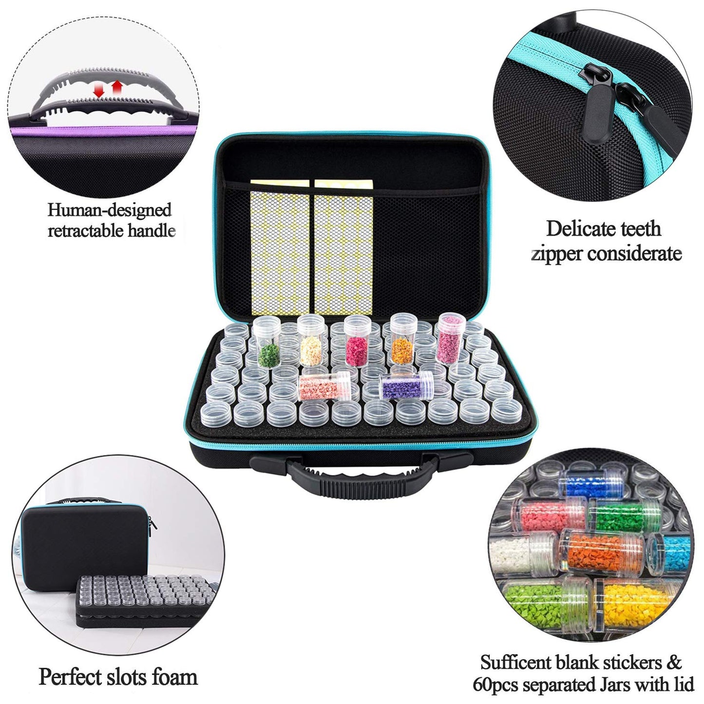 FUNDAFUL Diamond Painting Storage Containers, 60 Slots Diamond Art Accessories and Tools, Diamond Art Organizer with Diamond Painting Kits Shockproof Jars for Jewelry Beads, Blue