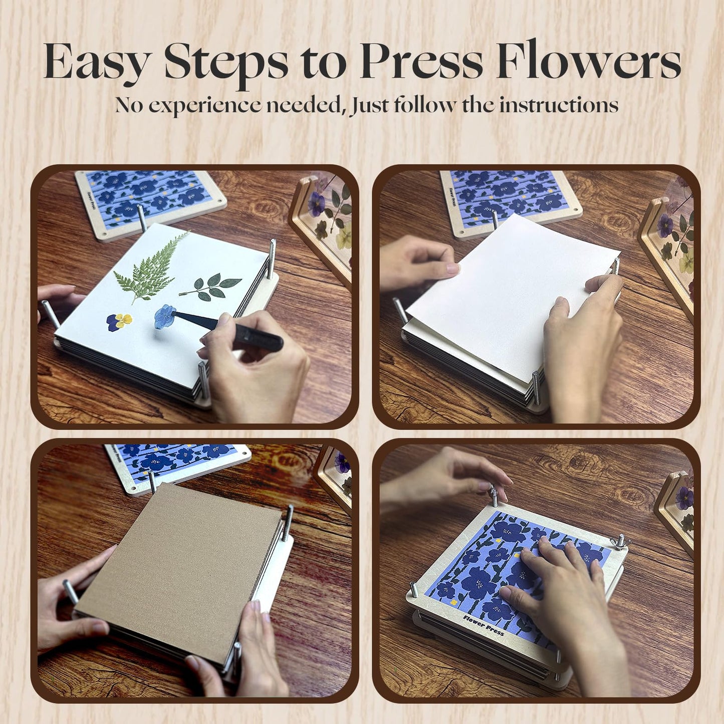 Fuwuu Flower Press Kit 7.1" - Medium Wooden Plant Pressing Book for DIY Art, Blue Camellia Design 6-Layer Leaf Flower Preservation Kit for Adults, Herbarium Scrapbooking Craft Gift