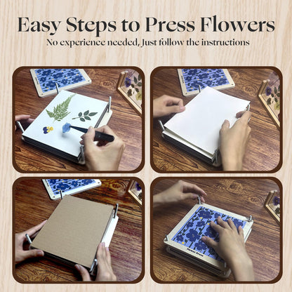 Fuwuu Flower Press Kit 7.1" - Medium Wooden Plant Pressing Book for DIY Art, Blue Camellia Design 6-Layer Leaf Flower Preservation Kit for Adults, Herbarium Scrapbooking Craft Gift