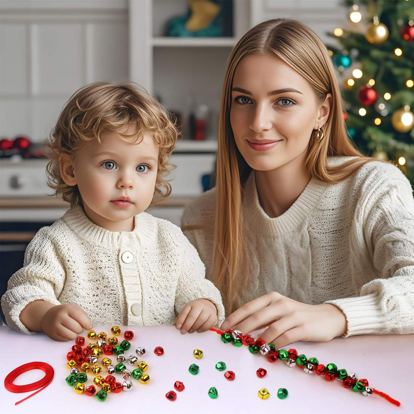 YBB 320Pcs Jingle Bell Wreath Ornaments Kit, 0.59inch Christmas Crisp Sound Bells for Craft with 20 Chenille Stems and Red Ribbon for Christmas Tree Party Decorations Kids DIY Crafts (Set of 10)