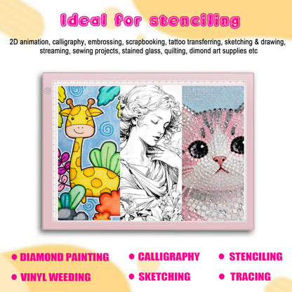 LED Drawing Tablet Kits Pink - 15" Light Board for Diamond Painting Accessories, Best Birthday, Holiday Gifts Toy for Kids Girls 3,4,5,6,7,8,9,10,11,12 Year Old, Back to School Art Travel Essentials
