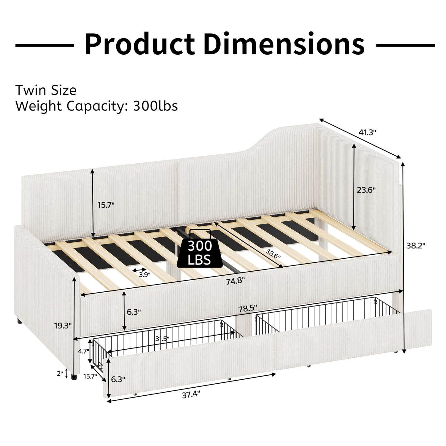 GDFStudio Twin Size L Shaped Corduroy Daybed Upholstered Bed Frame with 2 Storage Drawers Wooden Slats Semi Enclosed Design No Box Spring Needed, Beige