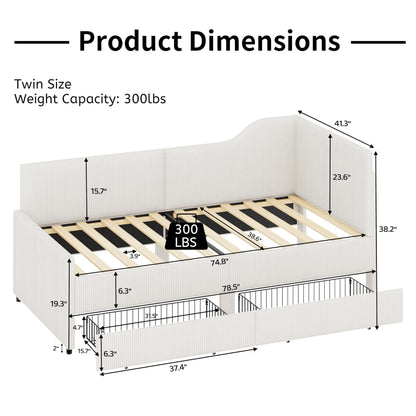 GDFStudio Twin Size L Shaped Corduroy Daybed Upholstered Bed Frame with 2 Storage Drawers Wooden Slats Semi Enclosed Design No Box Spring Needed, Beige