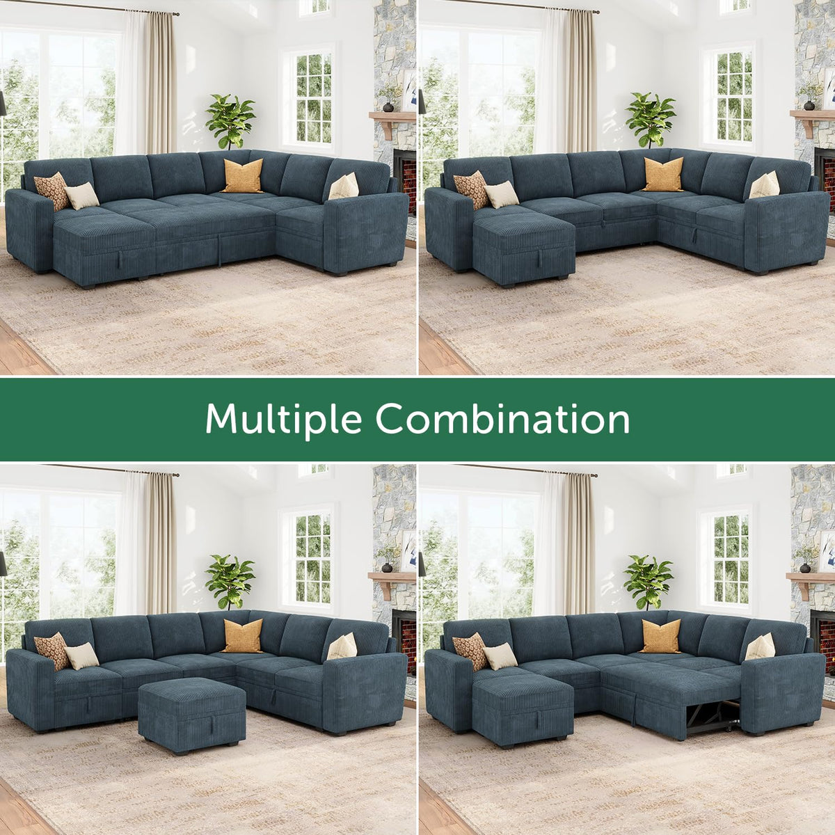 HONBAY Modular Sectional Sleeper Sofa with Pull Out Bed, Corduroy Couch with Storage, U Shaped Sectional Couches for Living Room, Blue