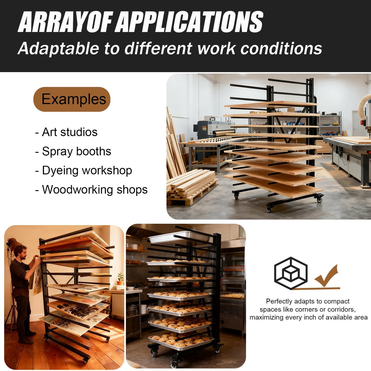 Heavy-Duty Metal Rolling Paint Rack, Expandable Woodworking Drying Rack, Staining & Curing Trim & Wood Panels for Cabinet Doors, Reinforced Steel Frame with 7.5" Casters, Paint Studios/Factory (Black)