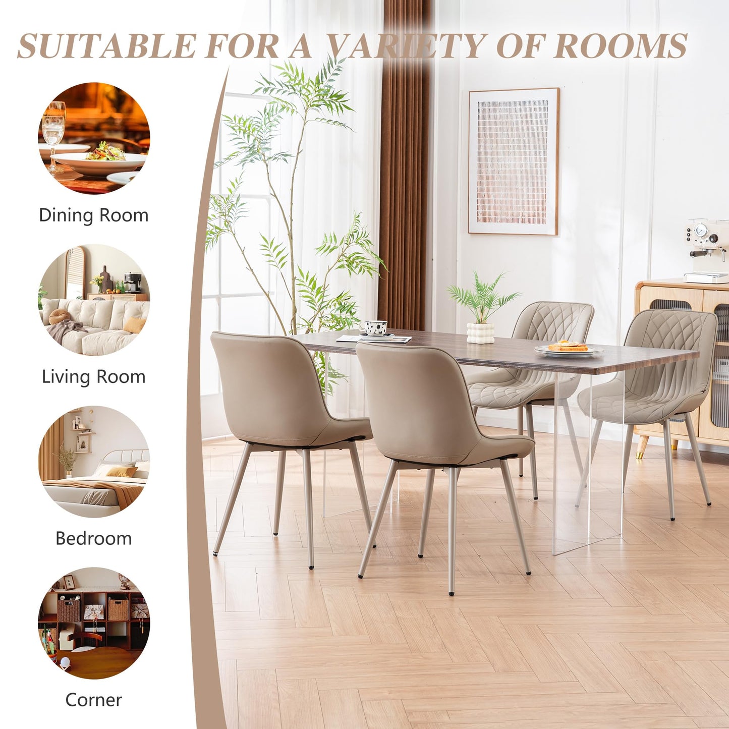 YOUNIKE Faux Leather Dining Chairs Set of 2 Mid-Century Modern High Padded Back Comfy Upholstered Kitchen Chairs with Metal Legs Wide Seat Accent Side Chair for Dining/Living/Waiting Room Khaki