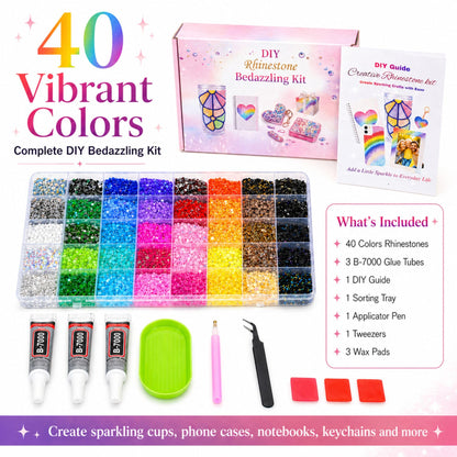 Bedazzling Kit with Rhinestones, 40 Colors 3mm 32000PCS Small Flatback Resin Rhinestones Gems with B7000 Glue and Manual, All-in-One Bedazzler Kit for Beginners, DIY Crafts Gifts, Clothes and Tumblers
