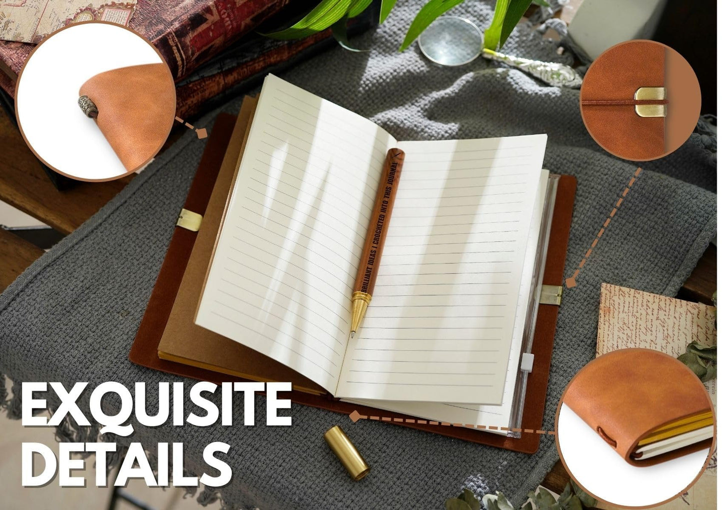 InnoBeta Crochet Gifts for Crocheters Women, Gifts for Crocheters Journal Notebook with Pen, Refillable Sketchbook, Travel Diary, Lined Planner, 7.87 x 4.7 Cover, 4 x 7.5 Pages (Inches), Brown