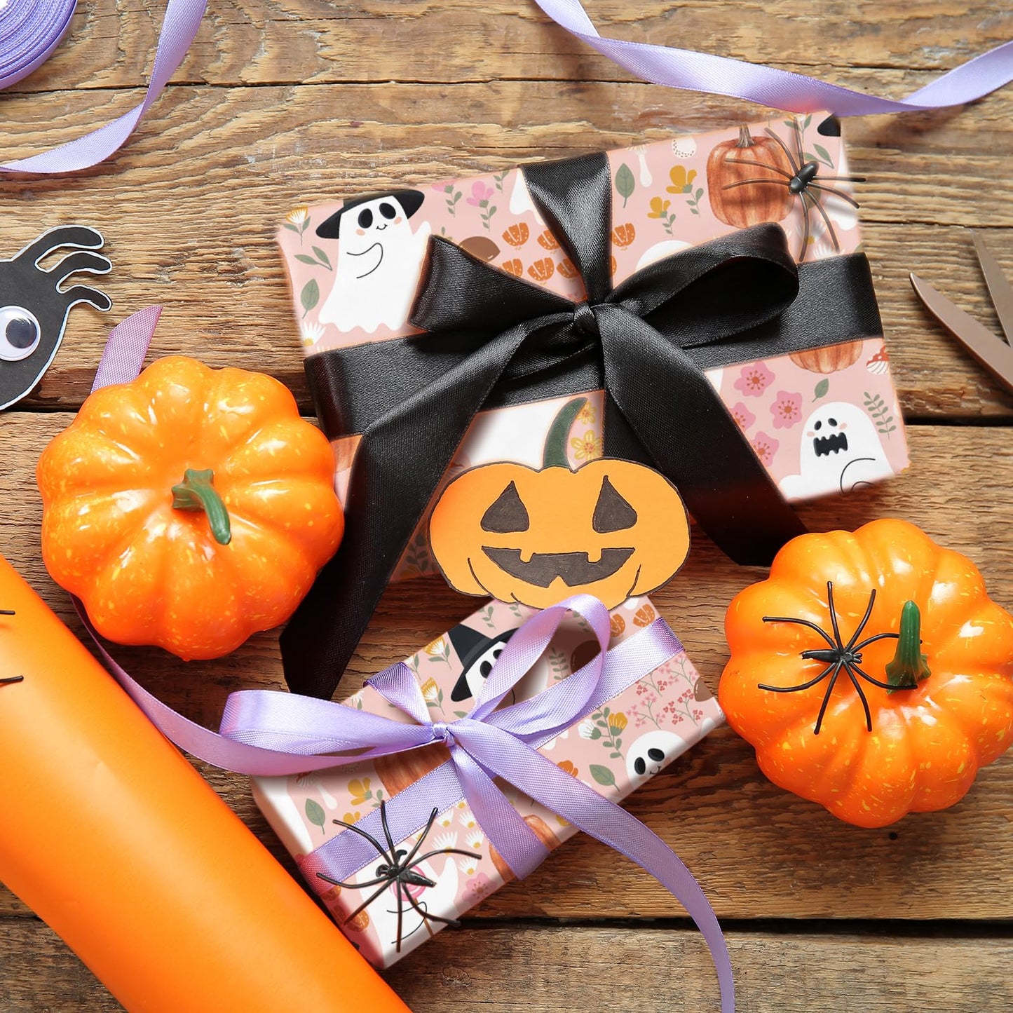 LeZakaa Pink Halloween Wrapping Paper Roll 13" Gift Bag with Tissue Paper, Gift Tag, and Card, Evil Pumpkin Fluorescent Black Design