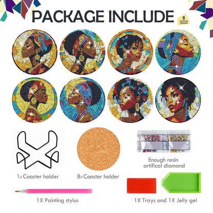 INCOK Black Woman Diamond Painting Coasters - 8 PCS DIY Colorful Glass Diamond Art Coasters Kits for Drinks Coffee Art Craft Supplies Birthday Holiday for African American Adult Beginners