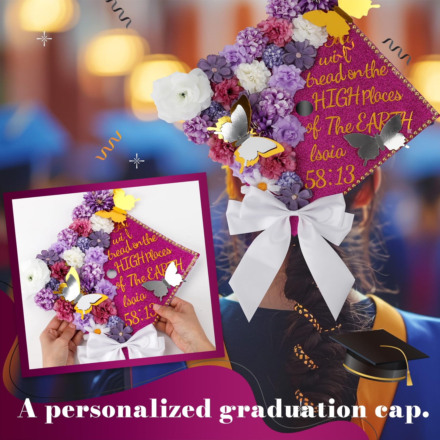 68 Pcs Purple DIY Graduation Cap Decorations Accessory Kit 3D Artificial Flowers White Bows Butterfly Glitter Alphabet Number Pearl Stickers for DIY Hat Grad Cap Topper Graduation Party Supplies