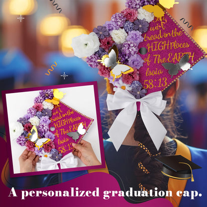 68 Pcs Purple DIY Graduation Cap Decorations Accessory Kit 3D Artificial Flowers White Bows Butterfly Glitter Alphabet Number Pearl Stickers for DIY Hat Grad Cap Topper Graduation Party Supplies