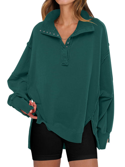 ANRABESS Women's Sweatshirts Oversized Casual Loose Button Up Henley Pullover Top High Low Split 2025 Fall Fashion Outfits