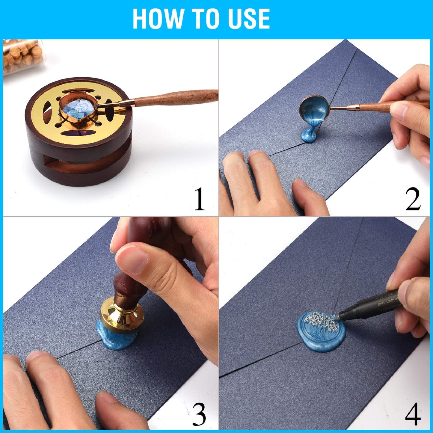 CHUHUAYUAN Wax Seal Stamp Kit - 24 Colors, 624 Pcs Stamp Beads, Sealing Wax Warmer, Metallic Pen & Envelope, Gift & Decoration Set