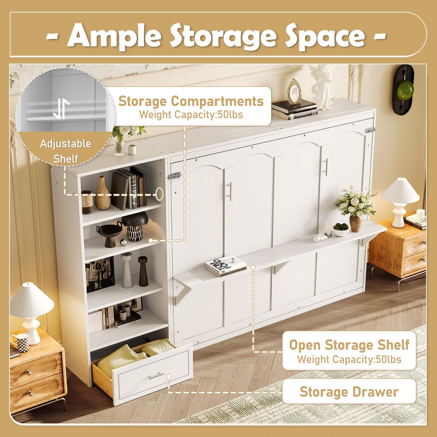 Murphy Bed Queen,Murphy Bed with Height Adjustable Storage Compartments and Shelf,Wall Bed Frame w/ 1 Drawer, Multifunctional Foldable Platform Bed for Bedroom,Guest Room,White