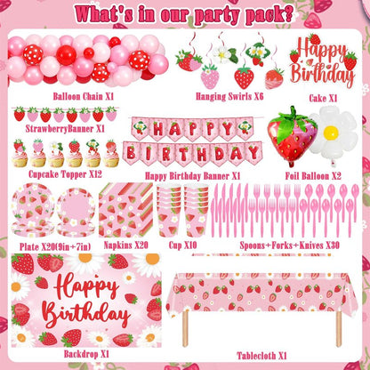 ZOYVUX Strawberry Birthday Decorations, Berry Party Decorations Including Balloon Arch Banner, Tablecloth, Backdrop, Cake Topper, Balloons, Hanging Swirls, Plates, Cups For Strawberry Themed Party