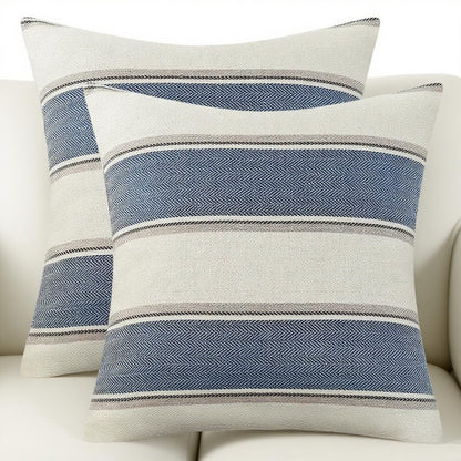 AmHoo Pack of 2 Farmhouse Linen Throw Pillow Cover Cushion Stripe Decoration Buffalo Retro Pillowcase with Hidden Zipper for Sofa Bedroom Car 24 x 24 Inch Blue