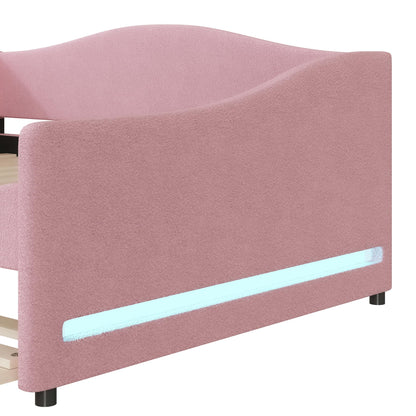 Jintop Teddy Fleece Full Size Upholstered Daybed with LED Light and Trundle,Modern Wood Platform Bed W/Side Stripes,Easy Assembly,for Bedroom,Living Room,Guestroom,Pink