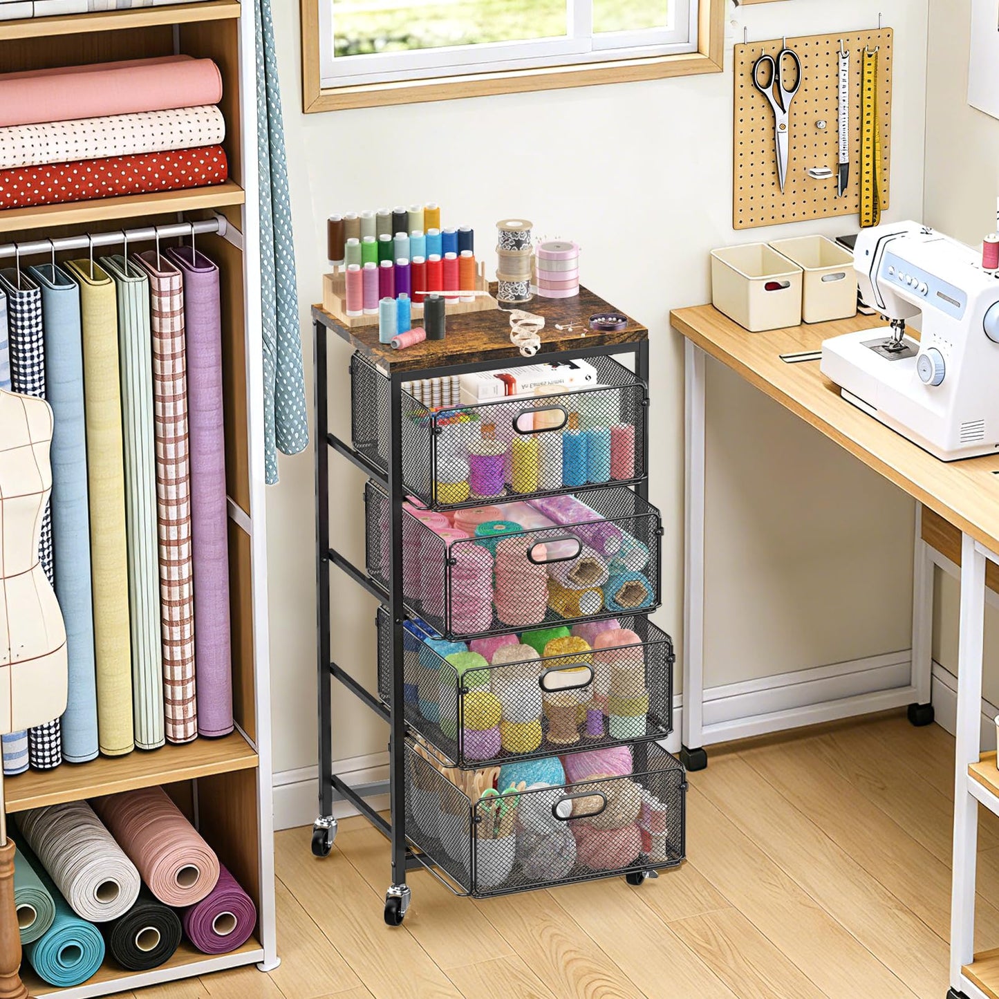 SUNALLY Rolling Kitchen Cart with Drawers, 4-Tier Utility Cart Fruit Vegetable Storage Cart with Lockable Wheels, Wooden Top Metal Kitchen Storage Organizer for Cans, Snacks, Beauty, Craft, Art, Black