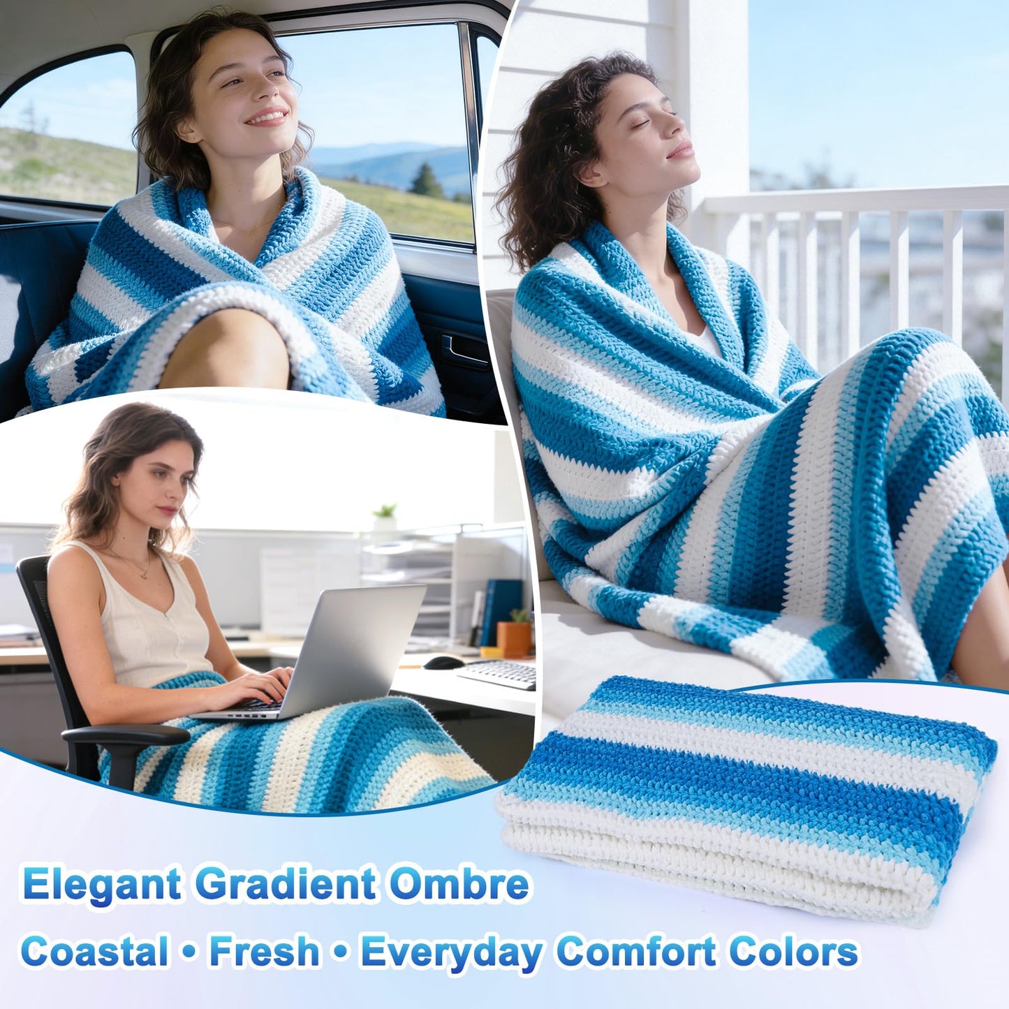 Reessy Crochet Blanket Kit for Beginners Adults – Gradient Blue Ombre Throw Blanket Kit with Soft Chenille Yarn, Hooks & Instructions – Handmade Crochet Starter Set for Adults