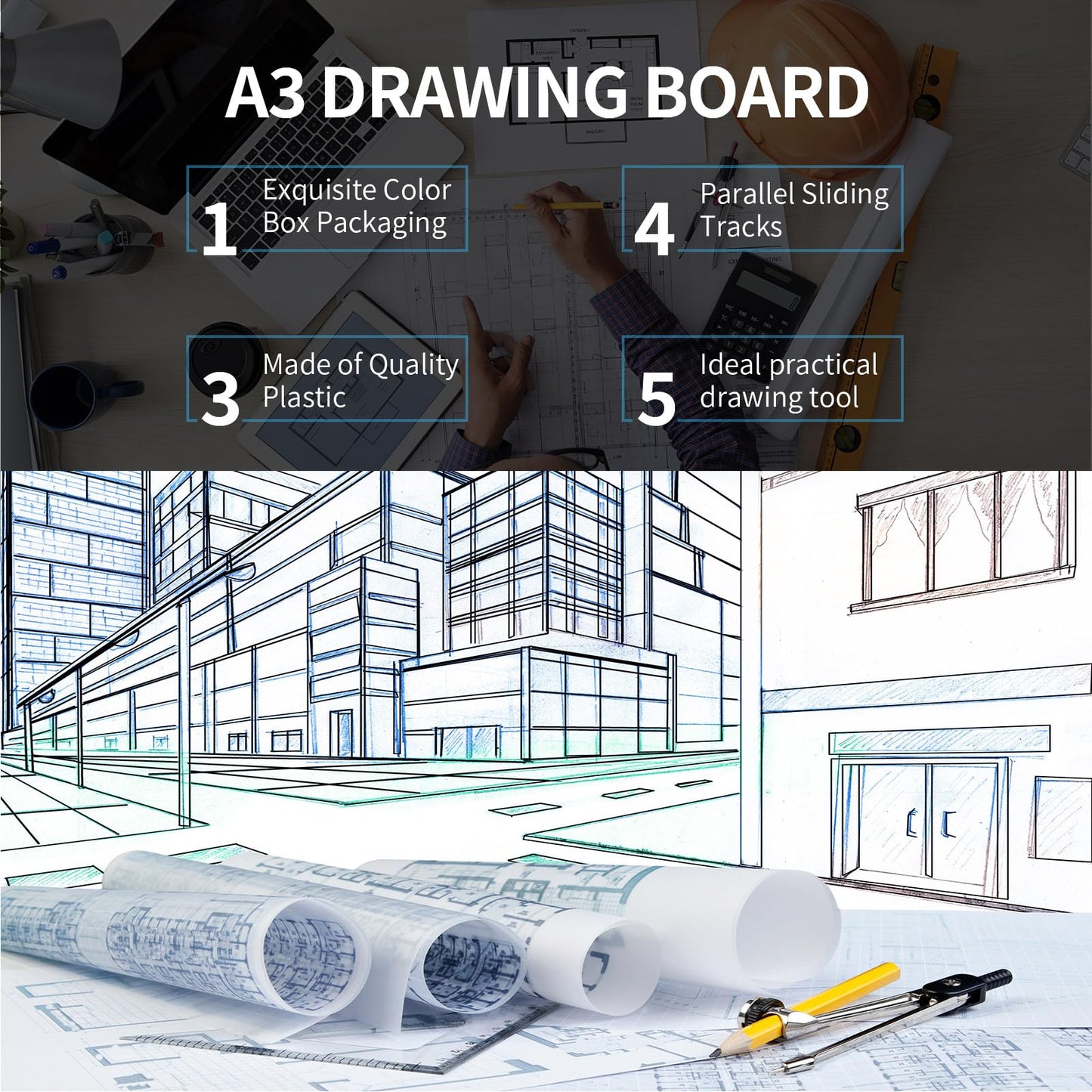 Zonon A4 Portable Drawing Board, Multi-Function Metric Drafting Table Drafting Board with Clear Rule Parallel Motion and Angle Adjustable Measuring System