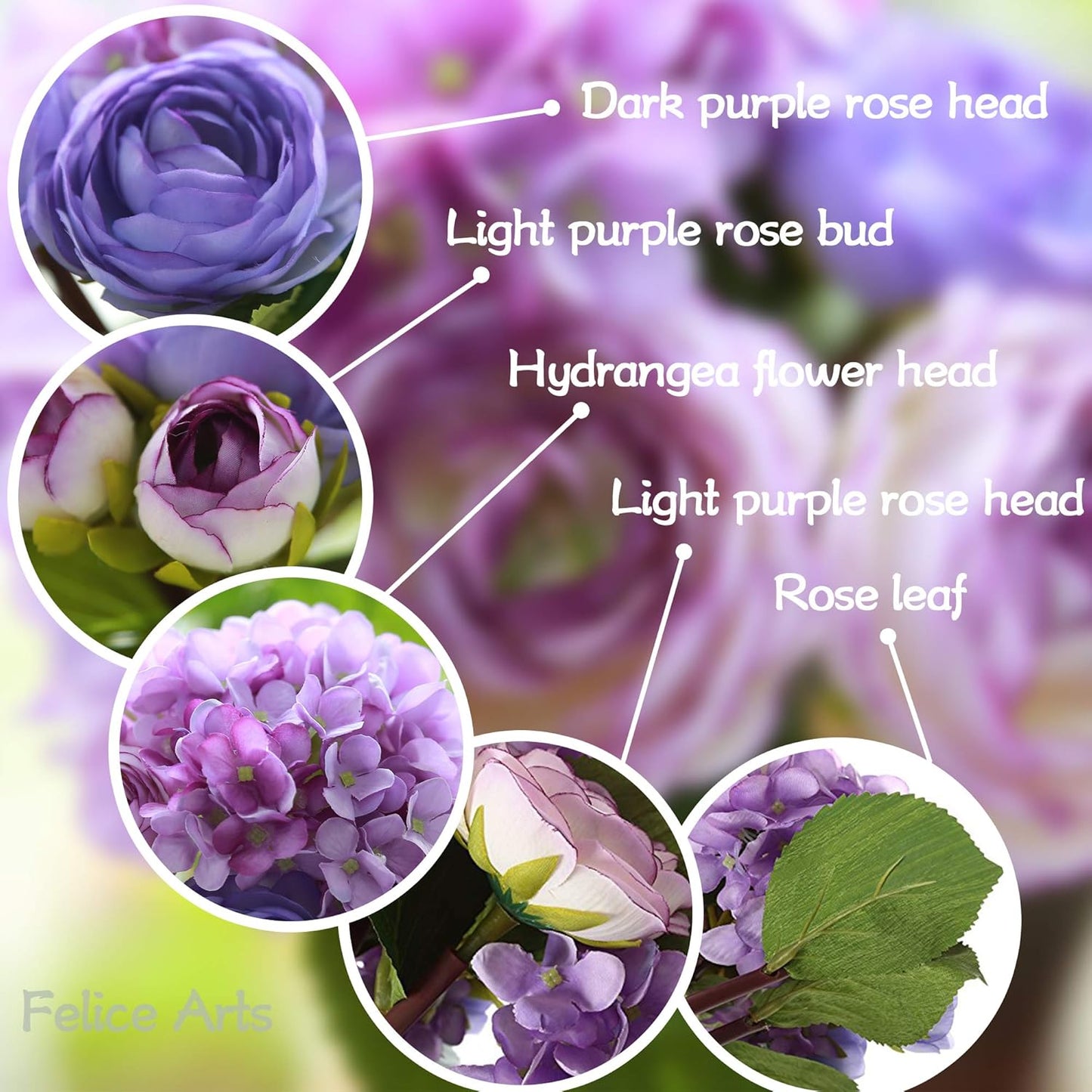 Felice Arts 12" Purple Hydrangea Silk Flowers Bouquet - Artificial Peonies for Wedding, Home Centerpieces