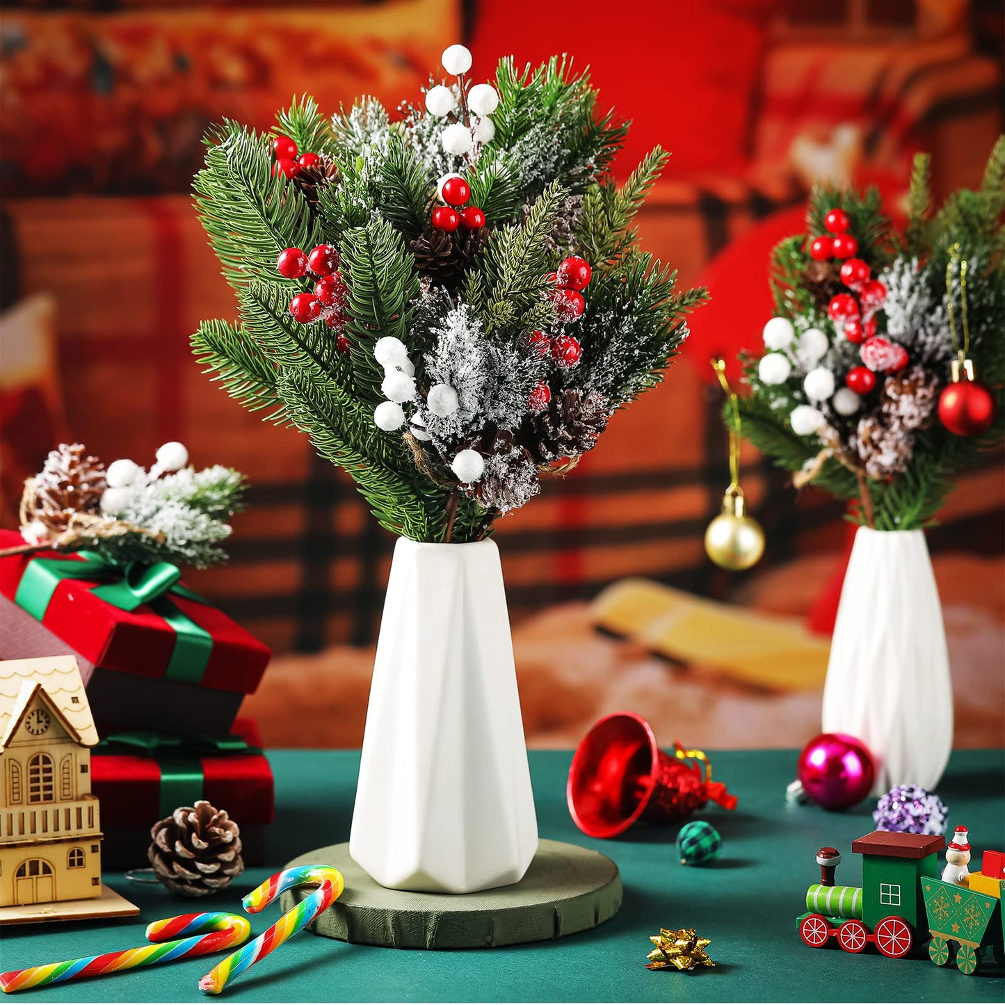 60 Pcs Christmas Artificial Green Pine Needles, Christmas Floral Picks Artificial Holly Red Berry Twig Stem Pine Snowy Cone Branches Garland Bulk for Xmas Tree Craft Holiday Winter (Elegant Style)