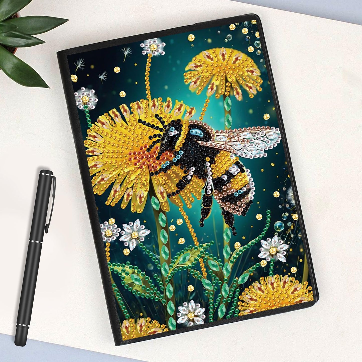 JISHSHAY Diamond Painting Notebook Journal Diamond Art Note Book Gem Art Sketch Book Gem Painting Diary Mosaic Kits for Adults Blank Notebook with Special Drills 14.5×21cm/5.7×8.26in Flower Bee