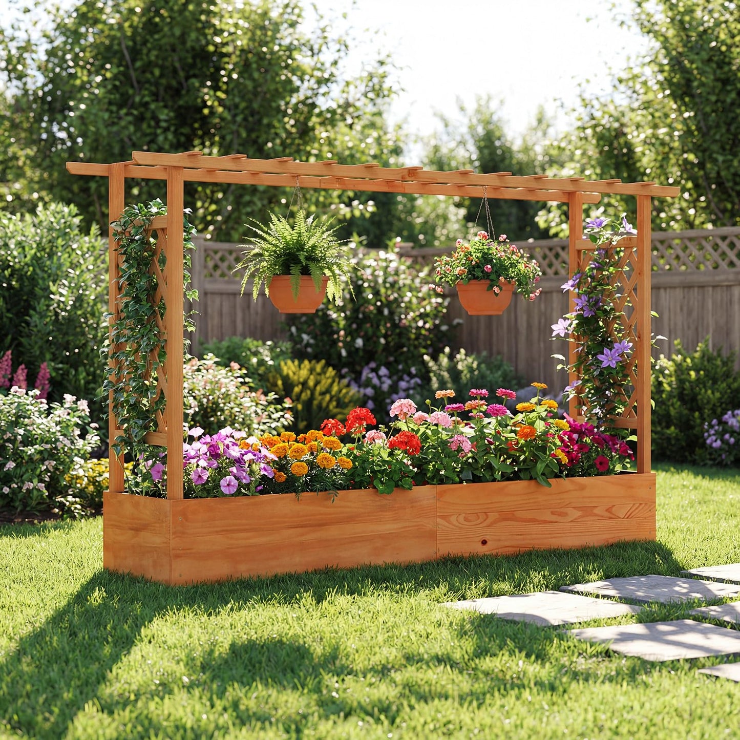 Giantex 2 Pcs Raised Garden Bed with Trellis & Hanging Roof, Wood Planter Box with Bottom & Drainage Holes, Freestanding Garden Planter for Flower Fruit Vegetable Herb Climbing Vine (77"x14.5"x45")