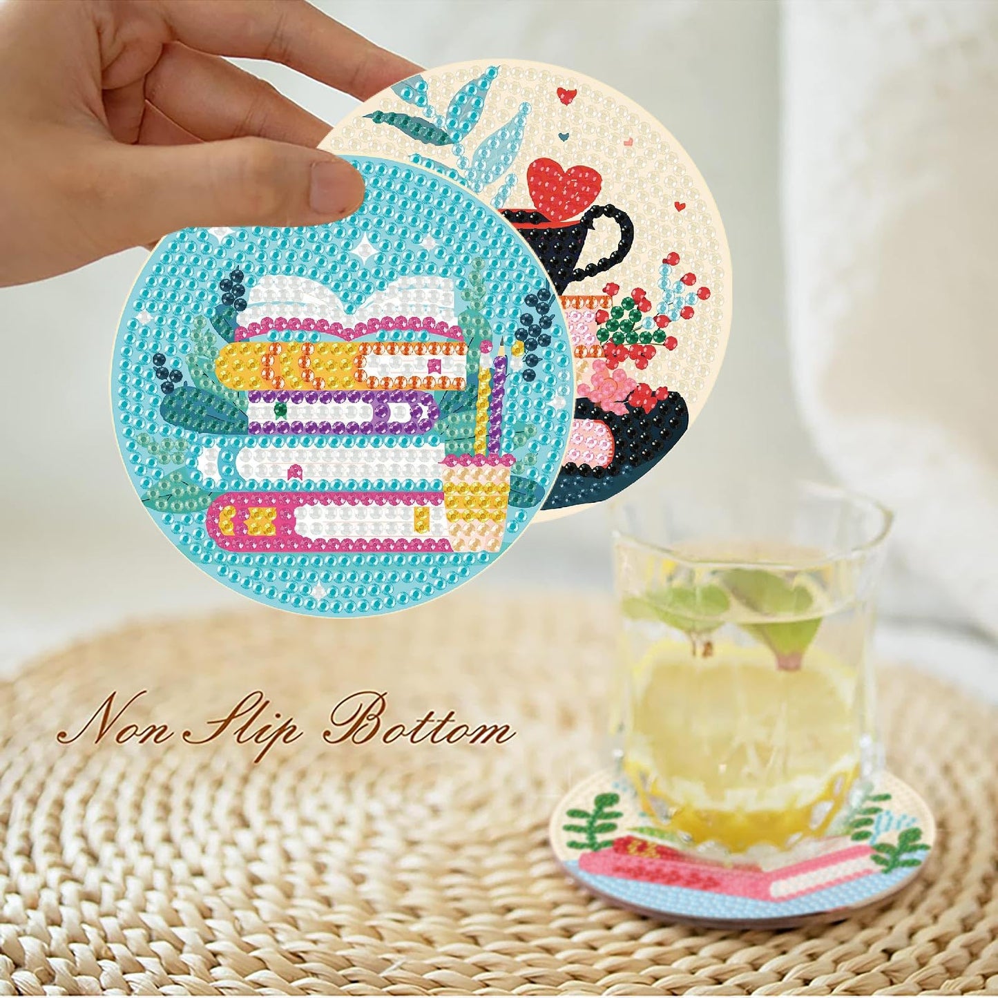 8 Pcs Book Diamond Art Coasters Kit for Adults, Book Lovers Wooden Coffee Diamond Painting Coasters with Holder, 5D Gem Art Dots Painting Coaster with Cork Pads - Crafts Supplies for Home Decor