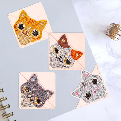 SAVITA 8pcs Diamond Artistic Painting Corner Bookmarks, PU Leather Triangle Bookmark 5D Diamond Aesthetic Painting Bookmarks Kit DIY Diamond Art Bookmarks for Book lover Art Craft Making (Cat Pattern)