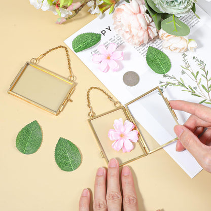YUXIANLB 4 Pcs Double Glass Frame for Pressed Flowers, 2x3 Inch Picture Frame Mini Brass Wall Hanging Photo Frame with Chain for DIY Plant Specimen Wall Ornament Artwork Display Wall Decor (Gold)