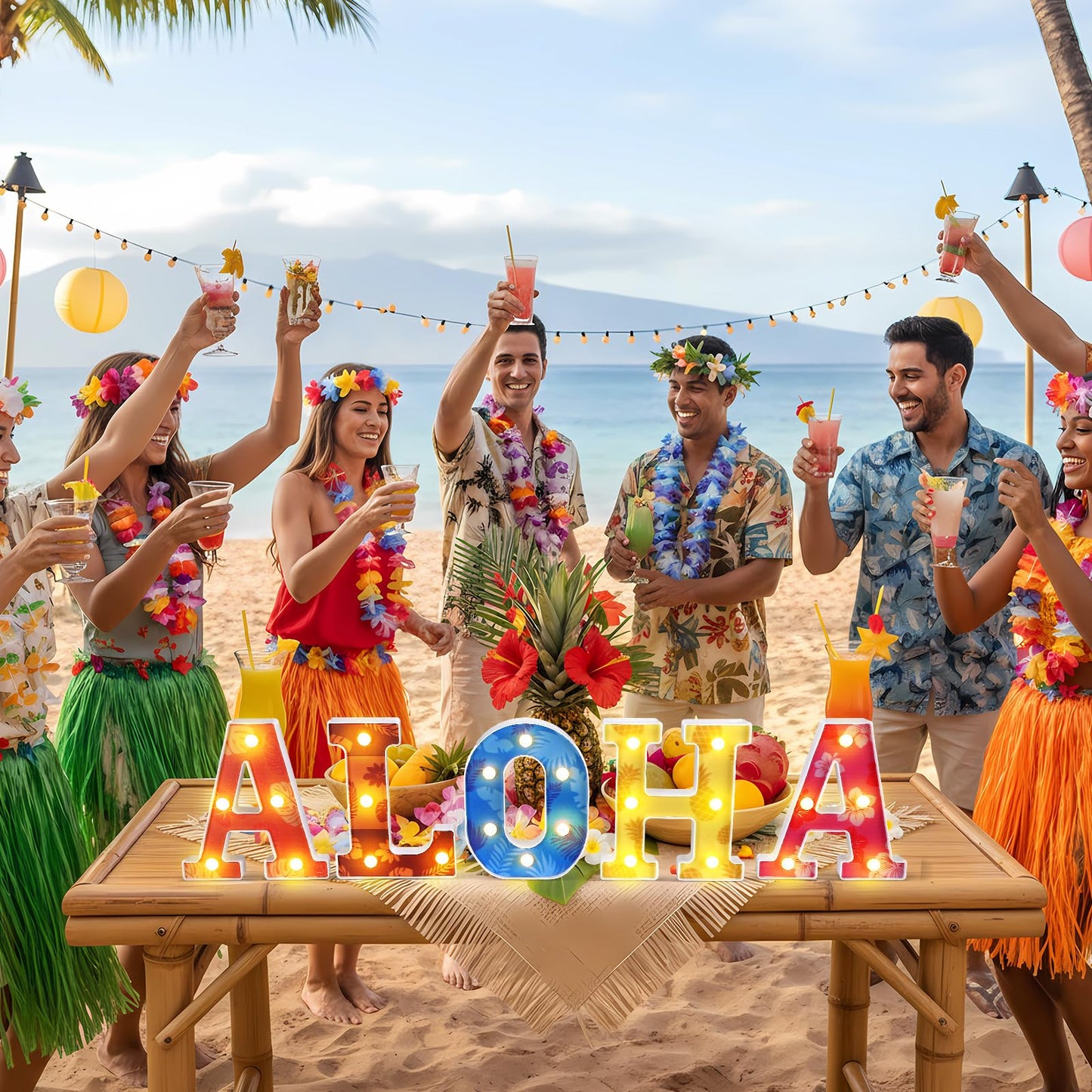 Grinsvalley Hawaiian Luau Party Decorations Aloha Light up Sign Summer Aloha LED Marquee Letter for Party Decorations Hibiscus Tropical Alphabet Letter Summer LED Lights for Wedding Night Birthday