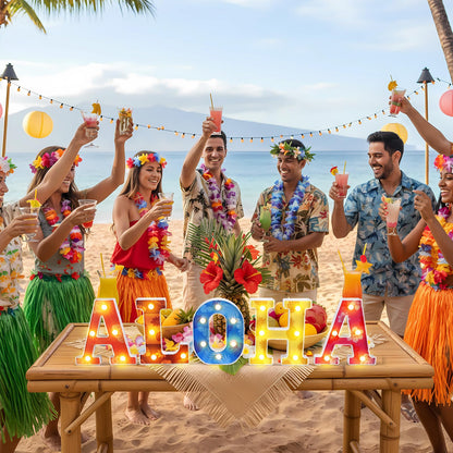 Grinsvalley Hawaiian Luau Party Decorations Aloha Light up Sign Summer Aloha LED Marquee Letter for Party Decorations Hibiscus Tropical Alphabet Letter Summer LED Lights for Wedding Night Birthday