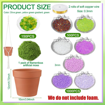 Potchen 13155 Pcs Wisteria Craft Beaded and 5 Inch Clay Pot Planter DIY Set, Glass Beads Plant Flower Making Kit with Artificial Moss Hanging Rope Purple Nature Series Colorful Crystal Leaf Jewelry