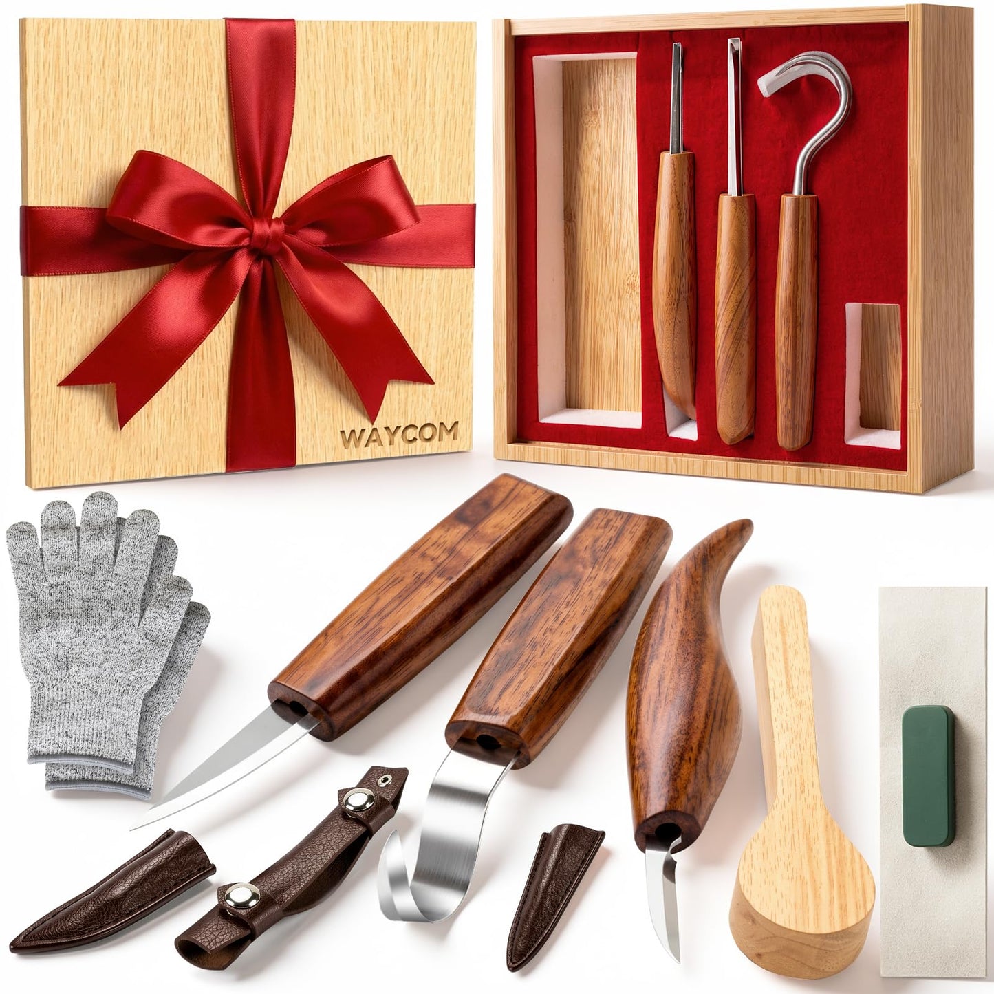 WAYCOM 12pcs Wood Whittling Kit Wood Carving Tools Set Hook Carving Knife,Detail Wood Knife,Whittling Knife Cut Resistant Gloves Leather Sheath And Bamboo Present Box For Spoon,Bowl,Cup