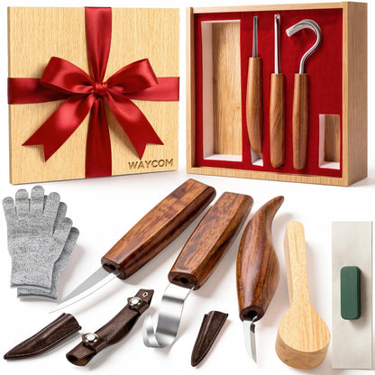 WAYCOM 12pcs Wood Whittling Kit Wood Carving Tools Set Hook Carving Knife,Detail Wood Knife,Whittling Knife Cut Resistant Gloves Leather Sheath And Bamboo Present Box For Spoon,Bowl,Cup