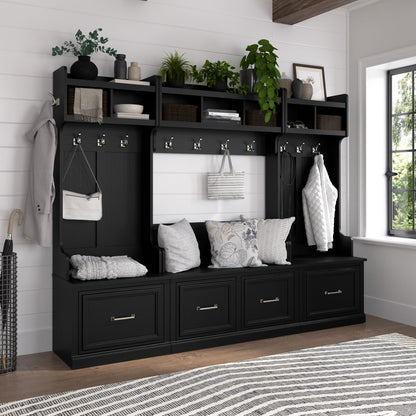 Bush Furniture Woodland 40W Shoe Storage Bench with Doors in Black Suede Oak | Footwear Organizer for Home Entryway, Mudroom, and Foyer
