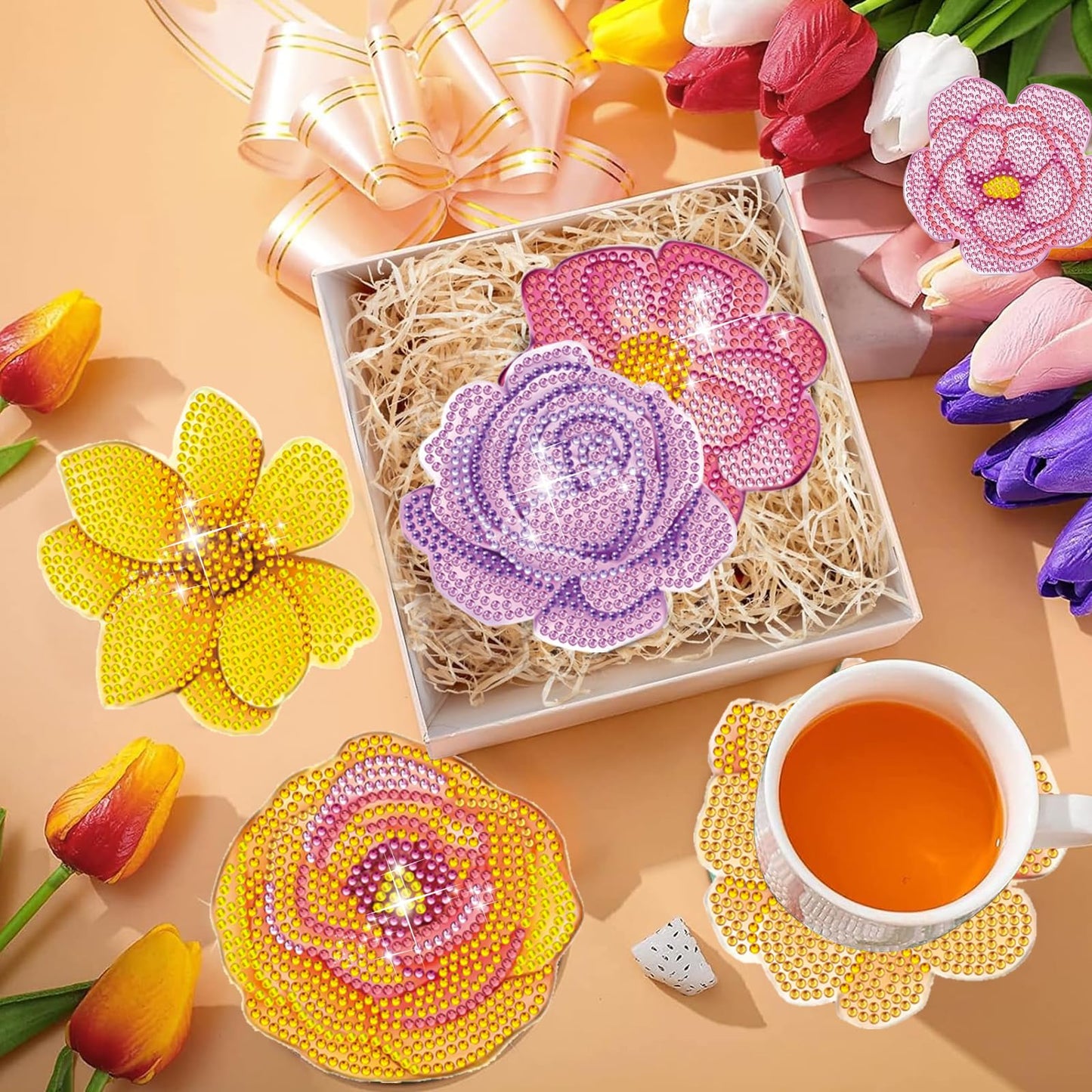DOTZSO 8 Pcs Diamond Art Coasters Kit with Holder, Diamond Art Kits for Adults Beginners Small Diamond Painting Coasters, Arts and Crafts for Adults Supplies Item Sets (Flower)