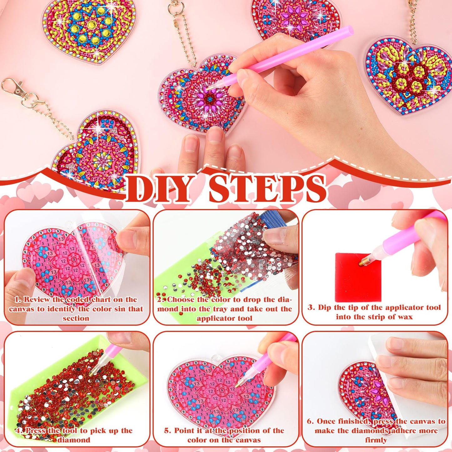 Ferreve 28 Pcs Heart Diamond Art Keychain Kits for Adults Double Sided DIY Pink Heart Diamond Painting Keychain Hanging Ornaments Rhinestone Gem Key Ring Art Pendant Decor Crafts Accessories Gifts