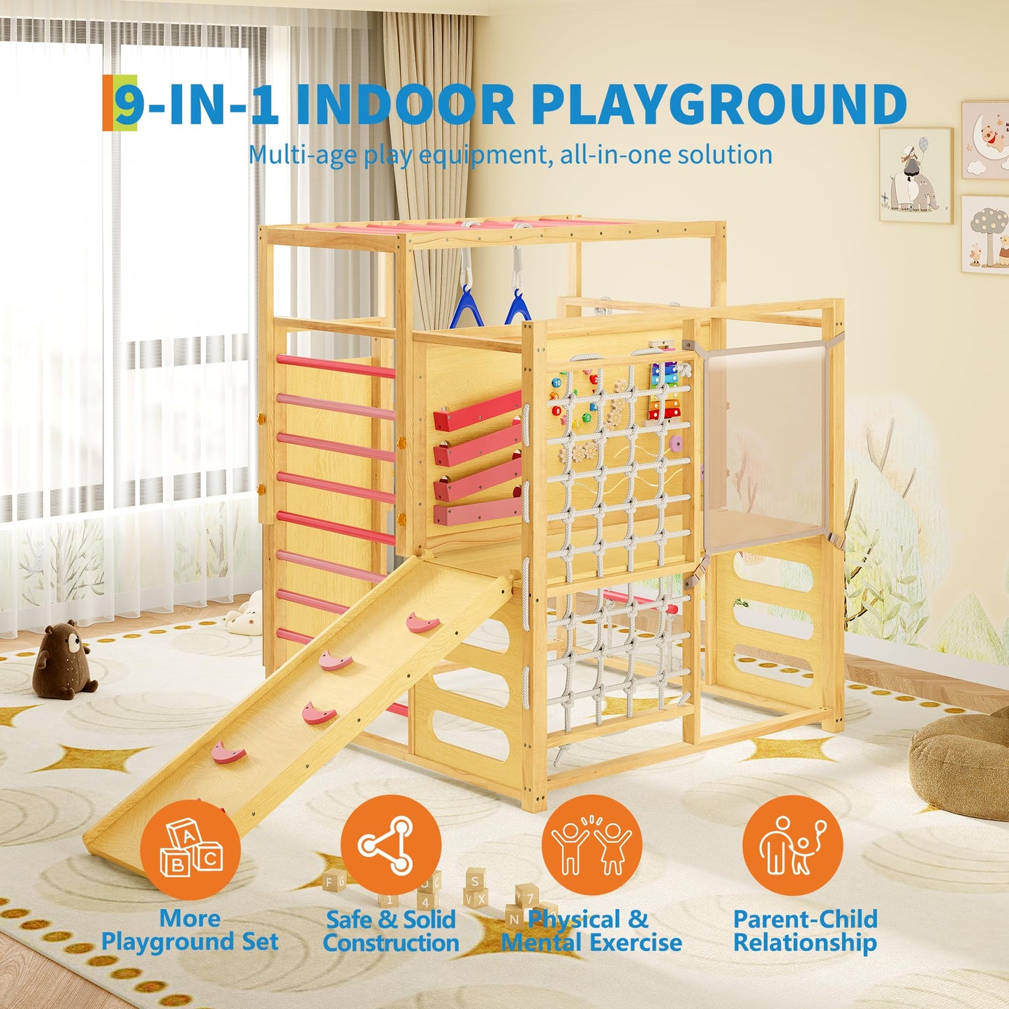 9-IN-1 Outdoor Indoor Jungle Gym, Montessori Wooden indoor playground for kids 2-8, Wooden Climbing Structure with Slide, Monkey Bars, Rope Ladder, Rock Wall, Climbing Net, Rings - Natural Wood Pink
