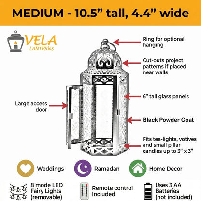 Vela Lanterns Decorative Indoor Moroccan Candle Holder & LED Fairy Lights -Twinkle Turkish Lamp, Fantasy Home Decor Table Centerpieces, Hanging Outdoor Patio Porch Wedding Ramadan (10.5", Clear)
