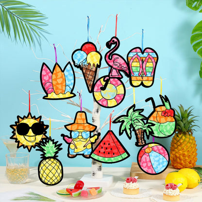AmazingSpark 36 Pcs Summer Suncatchers Paper Craft Set, DIY Flamingo Hawaii Stained Glass Effect Tissue Paper Kits Bulk for Windows, Art Parties, Beach Decorations, Favors and Gifts