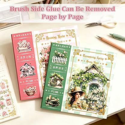 Dreamland Series Sticker Book, 2 Piece Set (Pink & Green), 100 Sheets Aesthetic Washi Stickers for Journaling - Vintage Scrapbooking Supplies for Junk Journal, Planner, DIY Arts & Crafts