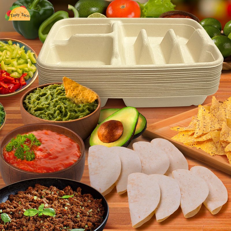 3-Tacos & 2-Sides Taco Plates, Disposable Paper Plates with Dividers – 50 PACK | Taco Tray for Party, Fiesta Taco Holder, Taco Stand for Taco Tuesday & Taco Bar, Microwave-Safe Taco Plates (50 Plates)