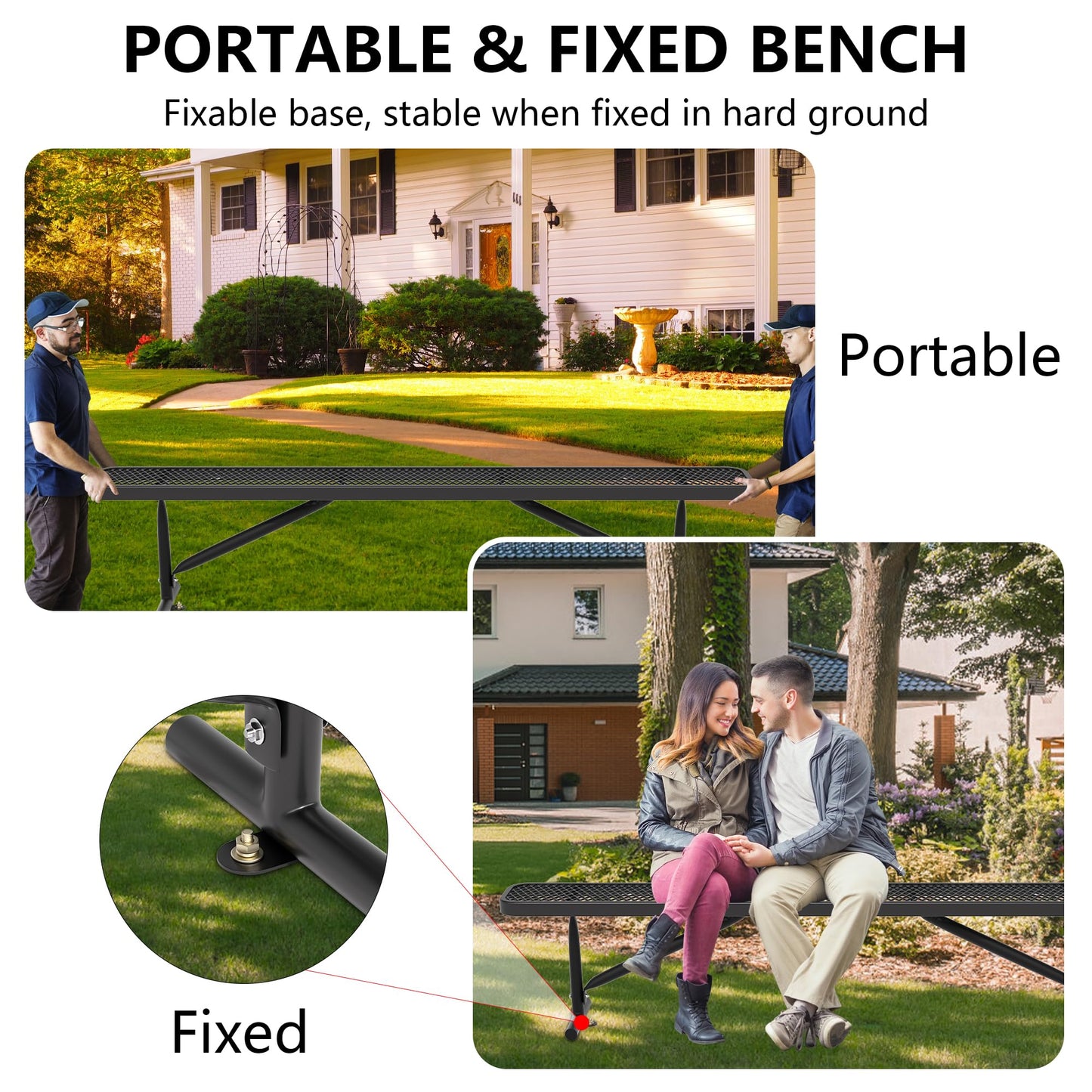 Sunnibety 8 Feet Heavy Duty Metal Park Bench for Outside, Outdoor Bench with Portable Frame, Commercial Benches for Shopping Mall, Store, Park, Patio, Deck, Black